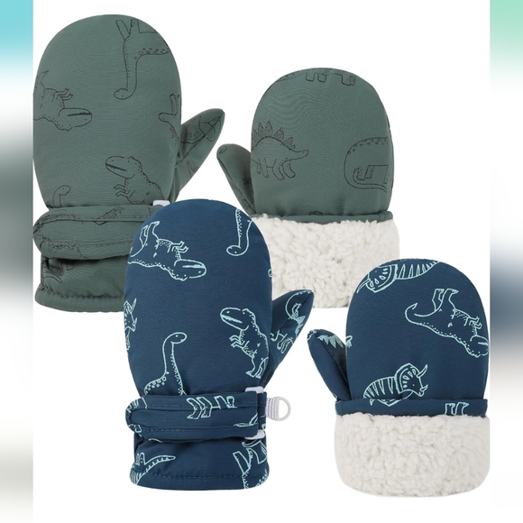 ❄️ EUC Baby Mittens Dinosaur Aqua+dinosaur Sage 💚 [2 PAIRS] - Picture 1 of 3